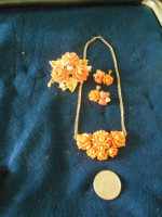 SIMULATED CORAL NECKLACE,BROOCH, & EAR RINGS