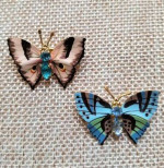 2 Miniature Czechoslovakia Butterfly Brooches  Enamel Rhinestones