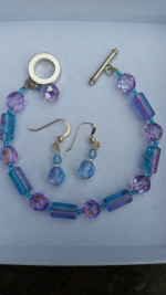 Hand beaded Purple / Blue Bracelet and Earrings Set NEW