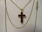 14KT YELLOW GOLD GARNET CROSS NECKLACE