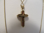 14KT YELLOW GOLD GARNET CROSS NECKLACE