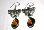 Sterling Silver Butterfly & Amber Stone Earrings