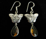 Sterling Silver Butterfly & Amber Stone Earrings