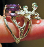 Purple Amethyst & Emerald Sterling Silver Flower Ring