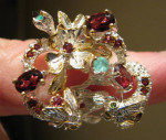 Garnet Emerald Bees Sterling Silver Zigzag Band Cocktail Ring