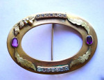 Victorian Sash Pin Large Brass Amethyst Glass & Clear Rhinestones