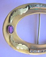 Victorian Sash Pin Large Brass Amethyst Glass & Clear Rhinestones
