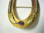 Victorian Sash Pin Large Brass Amethyst Glass & Clear Rhinestones