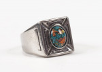 Unisex Large Stainless Steel Ring,Turquoise Chips, Gold Foil, Size 9.5