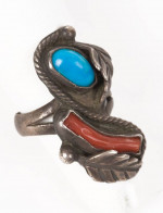 Antique Native Sterling Silver Turquoise Coral Ring Size 5 1/2
