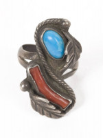 Antique Native Sterling Silver Turquoise Coral Ring Size 5 1/2