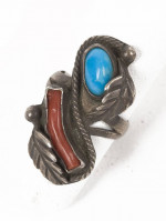 Antique Native Sterling Silver Turquoise Coral Ring Size 5 1/2