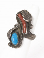 Antique Native Sterling Silver Turquoise Coral Ring Size 5 1/2