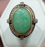 Antique Green Jade and Seed Pearl 14K Ring