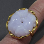 Lavender Jade carved "Double Badgers" 14K Yellow Gold Ring