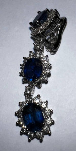 Exquisite 3 Sapphire drop earrings w/ diamonds in white gold