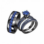 Blue Sapphire His Hers Created Bridal Engagement Trio Ring Set