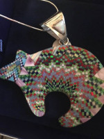ZUNI/NAVAJO/HOPI SIGNED STERLING MICROMOSAIC FIRE OPAL BEAR PENDANT