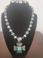 Turquoise with sterling silver cross and native silver beads