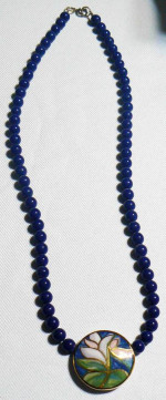 Blue Bead Water Lily Necklace Handmade Hand Painted