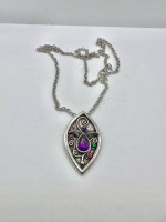 Purple Cz Flower Pendant Silver Chain Necklace