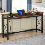 Industrial Console Table, 70.9" Sofa Table with Outlets and USB Ports