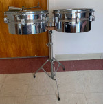 Vintage Royce MIJ Two Metal Drum Timbales with Stand and Cow Bell