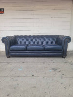 Vintage Tufted Navy Blue Leather Chesterfield Sofa