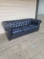 Vintage Tufted Navy Blue Leather Chesterfield Sofa