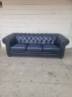 Vintage Tufted Navy Blue Leather Chesterfield Sofa