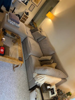 Gray Crate & Barrel sectional sofa with storage ottoman