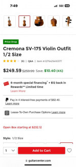 Cremona 1/2 size student violin.