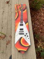 Jodi Head guitar strap + Gibson “Flying V” necktie