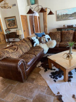 Giant Leather and Fabric Down Filled Western Sectional Sofa Couch