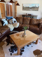 Giant Leather and Fabric Down Filled Western Sectional Sofa Couch