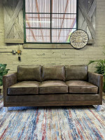 Rustic Wood & Top Grain Leather Sofa (Delivery Available)