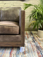 Rustic Wood & Top Grain Leather Sofa (Delivery Available)