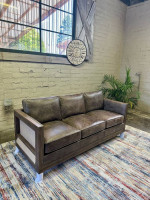 Rustic Wood & Top Grain Leather Sofa (Delivery Available)