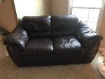 4 pc dark brown leather furniture: sofa, loveseat, chair, and ottoman