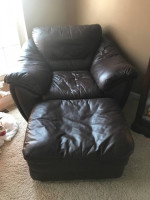 4 pc dark brown leather furniture: sofa, loveseat, chair, and ottoman