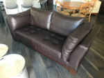 Dark Brown Leather Sofa w/ Walnut Wood Base & 2 Chairs