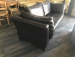 Dark Brown Leather Sofa w/ Walnut Wood Base & 2 Chairs