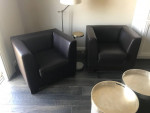 Dark Brown Leather Sofa w/ Walnut Wood Base & 2 Chairs