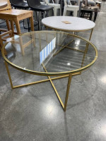 36 inch Round Coffee Table in Glass & Gold Metal X Base