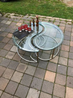 Milo Baughman style 2 pc glass / brass Yin Yang shaped table A25