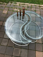 Milo Baughman style 2 pc glass / brass Yin Yang shaped table A25