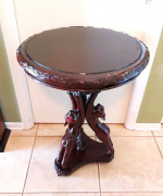 French Rosewood Hand-Carved Round Sculptural Tripod End Table w/3 Cats