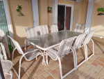 Patio Dining Set, Large Table, 8 High Back Sling Chairs