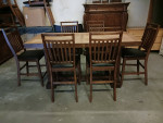 Rustic Wooden / Black Leather Counter Height Dining Room Table Set