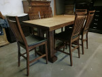 Rustic Wooden / Black Leather Counter Height Dining Room Table Set